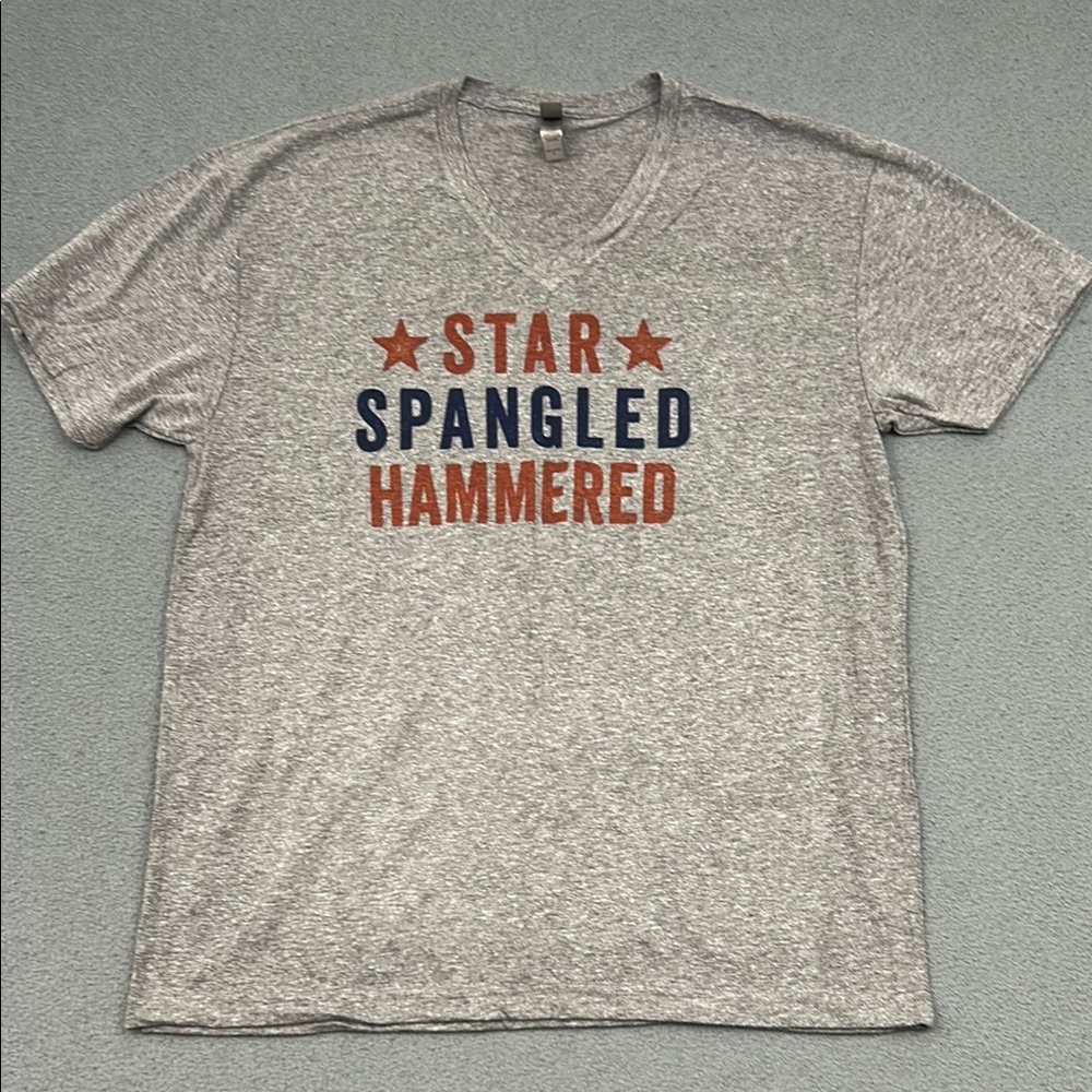 Gray Graphic V-Neck T-Shirt | “Star Spangled Hammered” | Men’s Large